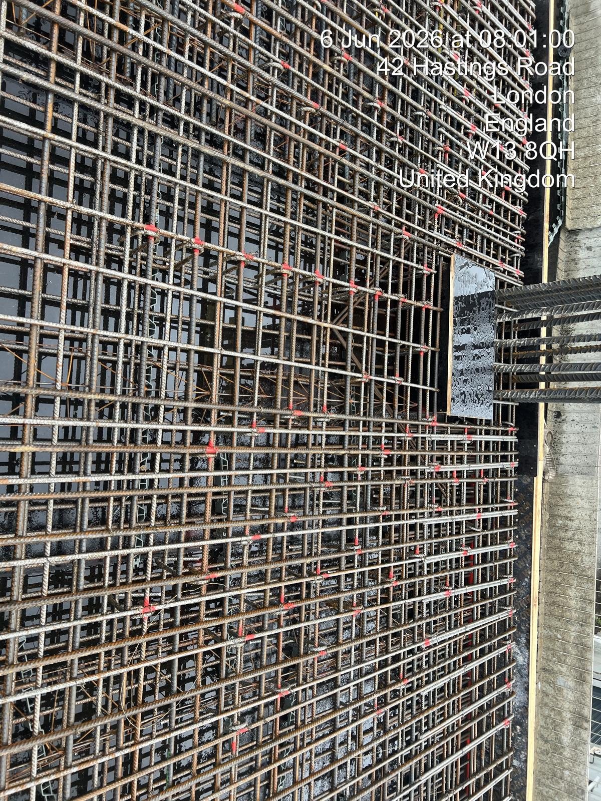 Vertical starter bars projecting from a reinforced concrete pour